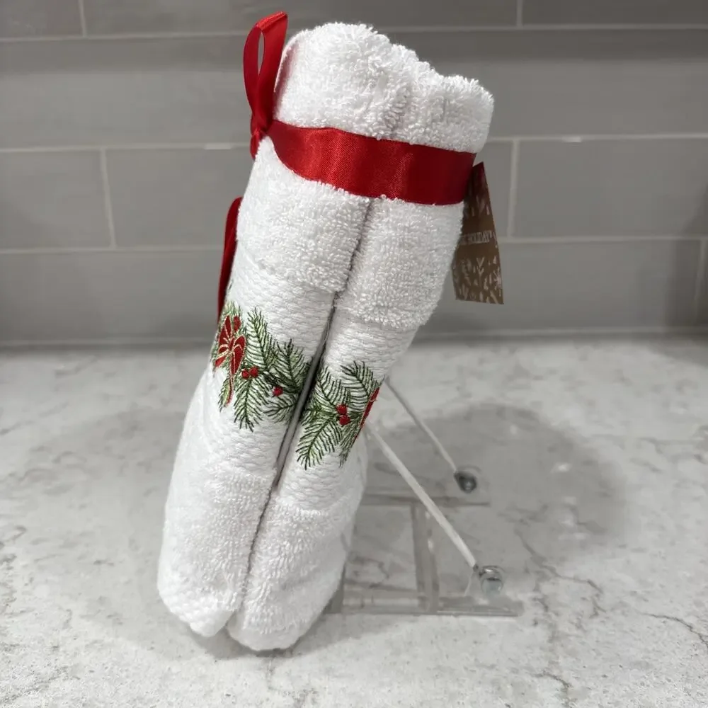 Set of 2 Arctic Holiday Christmas Hand Towels Holly Berries Embroidered Turkish